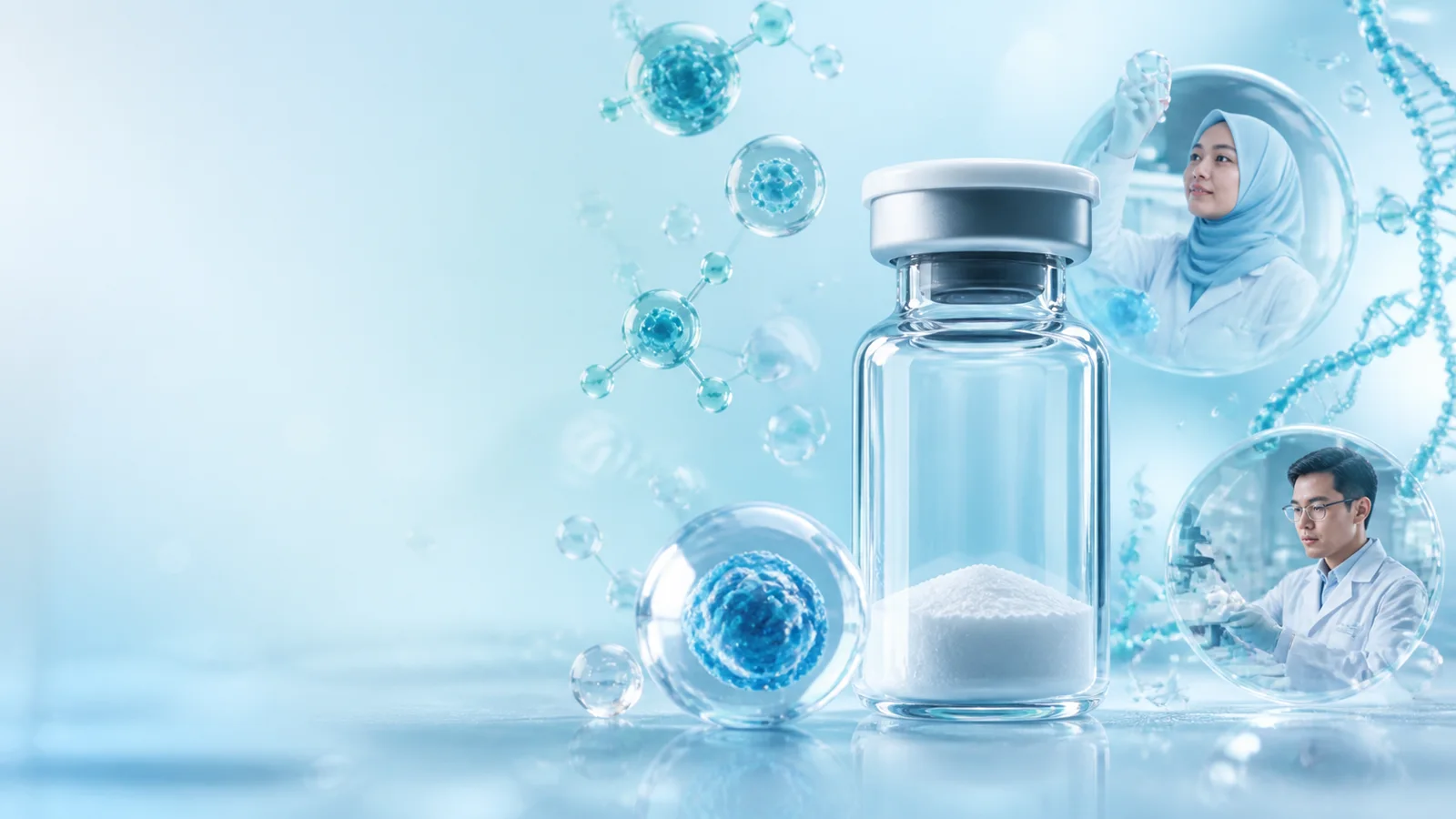 Peptide powder vial with floating molecular forms and Malay and Chinese Malaysian learners